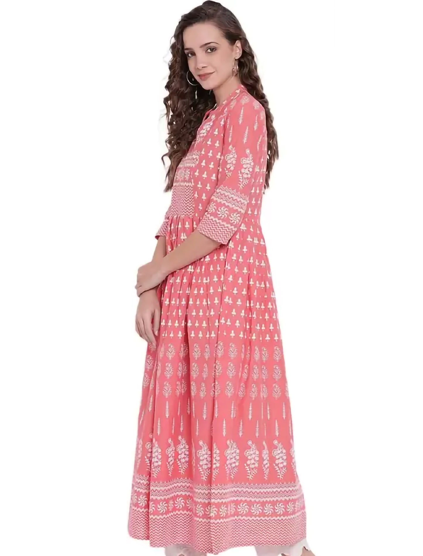 Pink & White Printed Anarkali Divena Kurta For Women