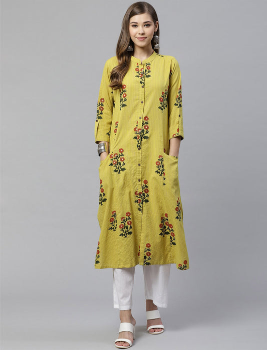 Yellow Floral Printed Cotton Divena Kurta For Women