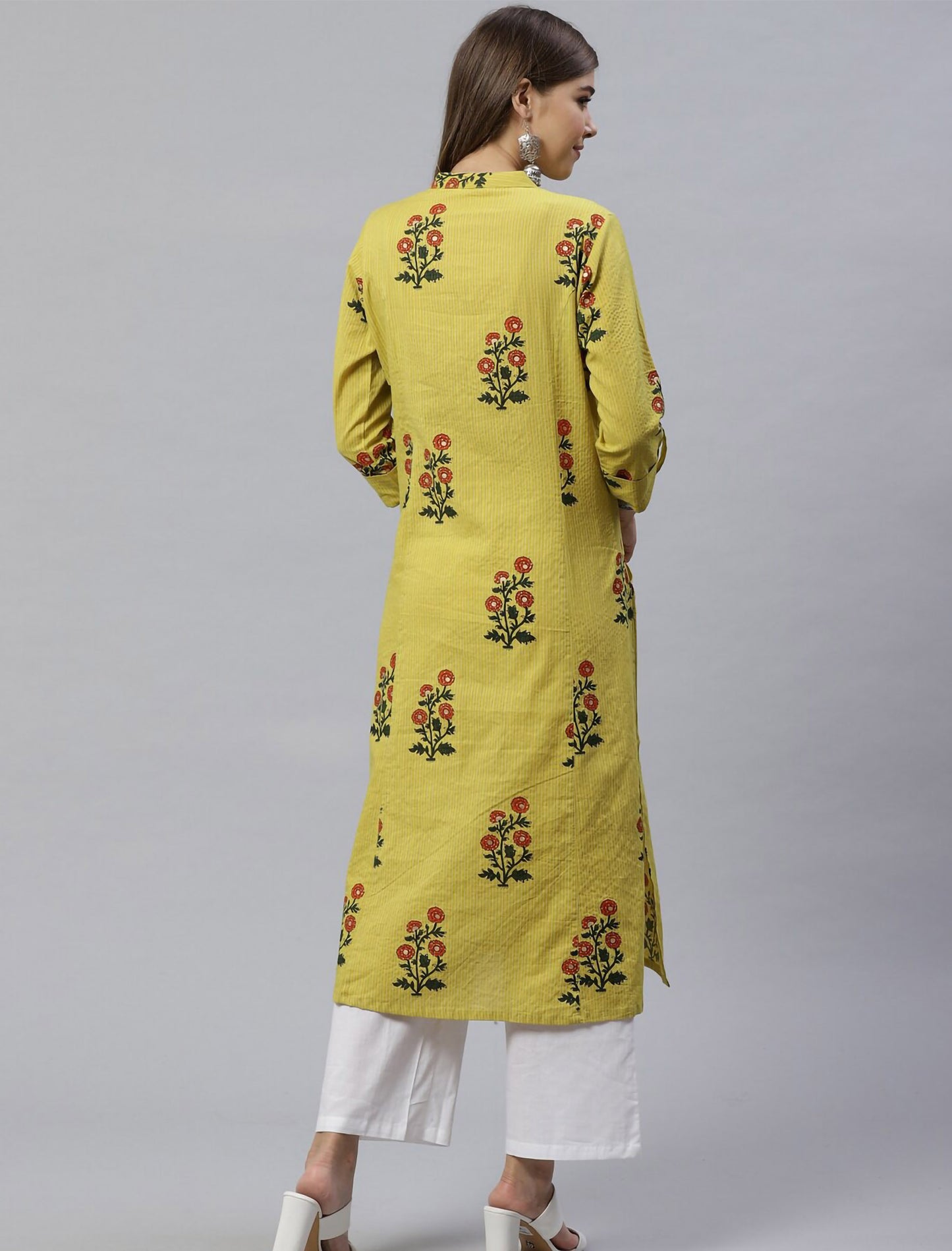 Yellow Floral Printed Cotton Divena Kurta For Women