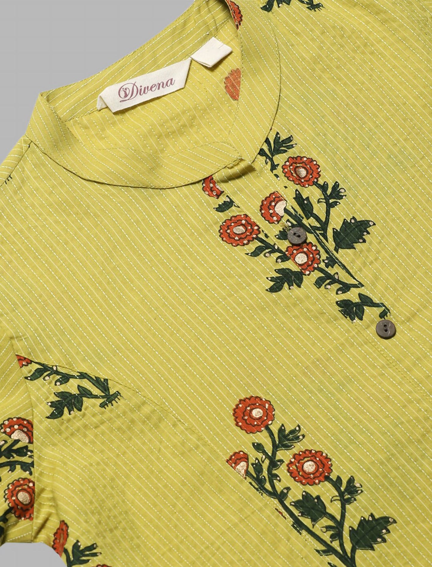 Yellow Floral Printed Cotton Divena Kurta For Women