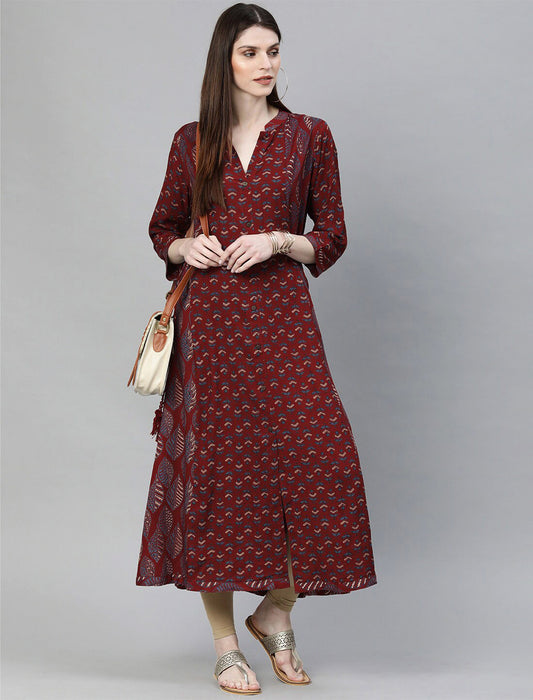 Maroon Ethnic Motifs Printed Divena Kurta For Women