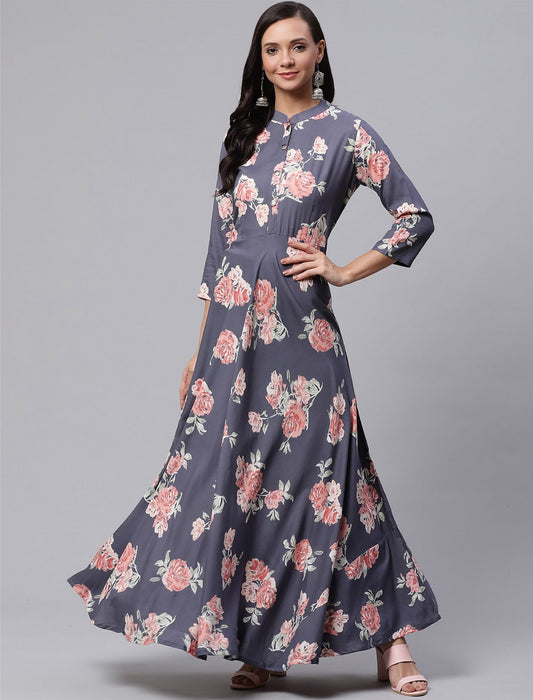Grey Floral Printed Anarkali Gown Divena Kurta For Women