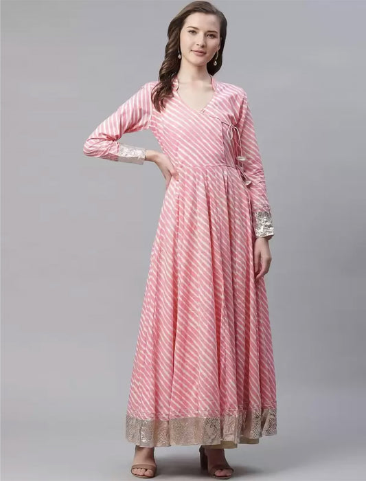 Pink & White Leheriya Print Angrakha Anarkali Divena Kurta For Women