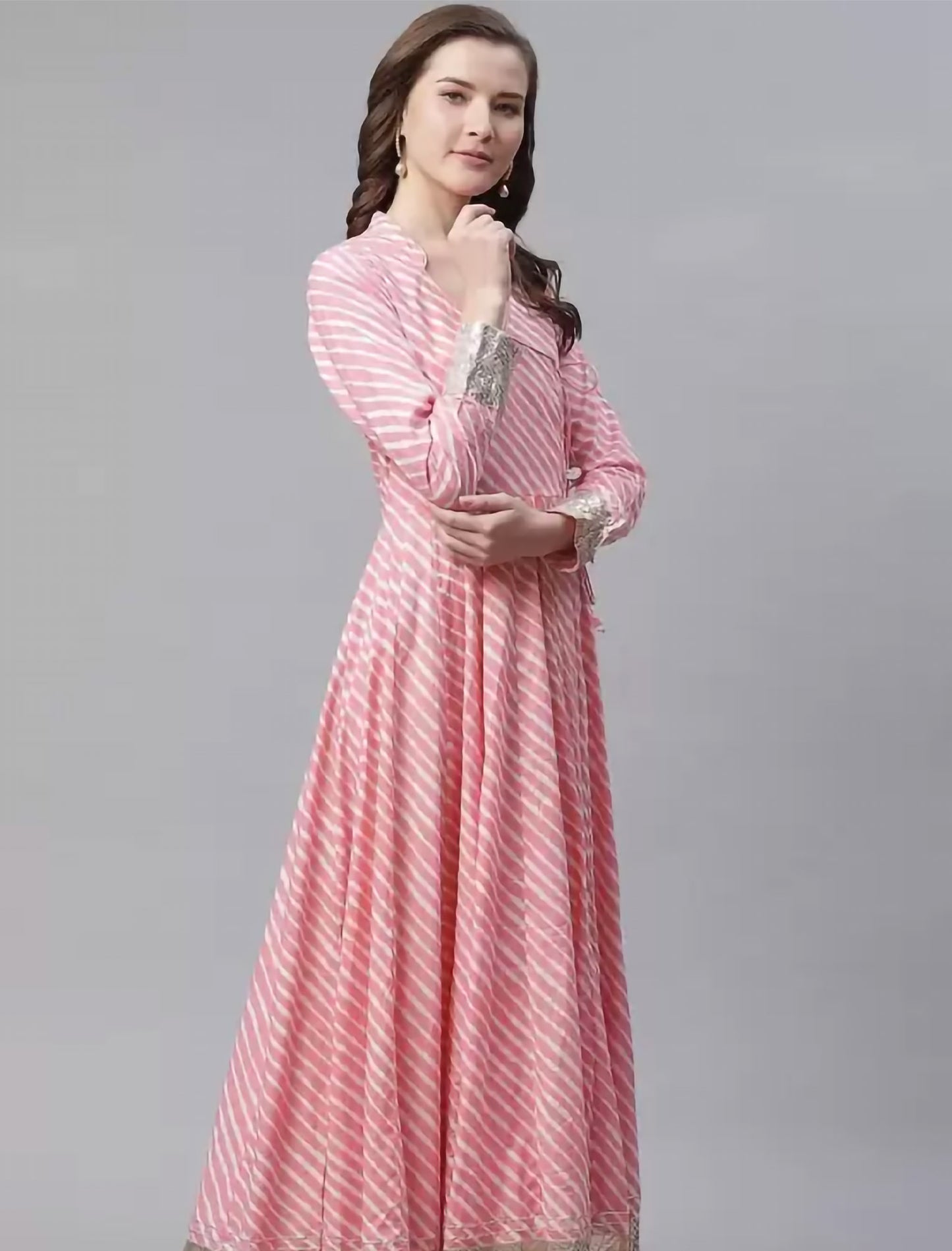 Pink & White Leheriya Print Angrakha Anarkali Divena Kurta For Women