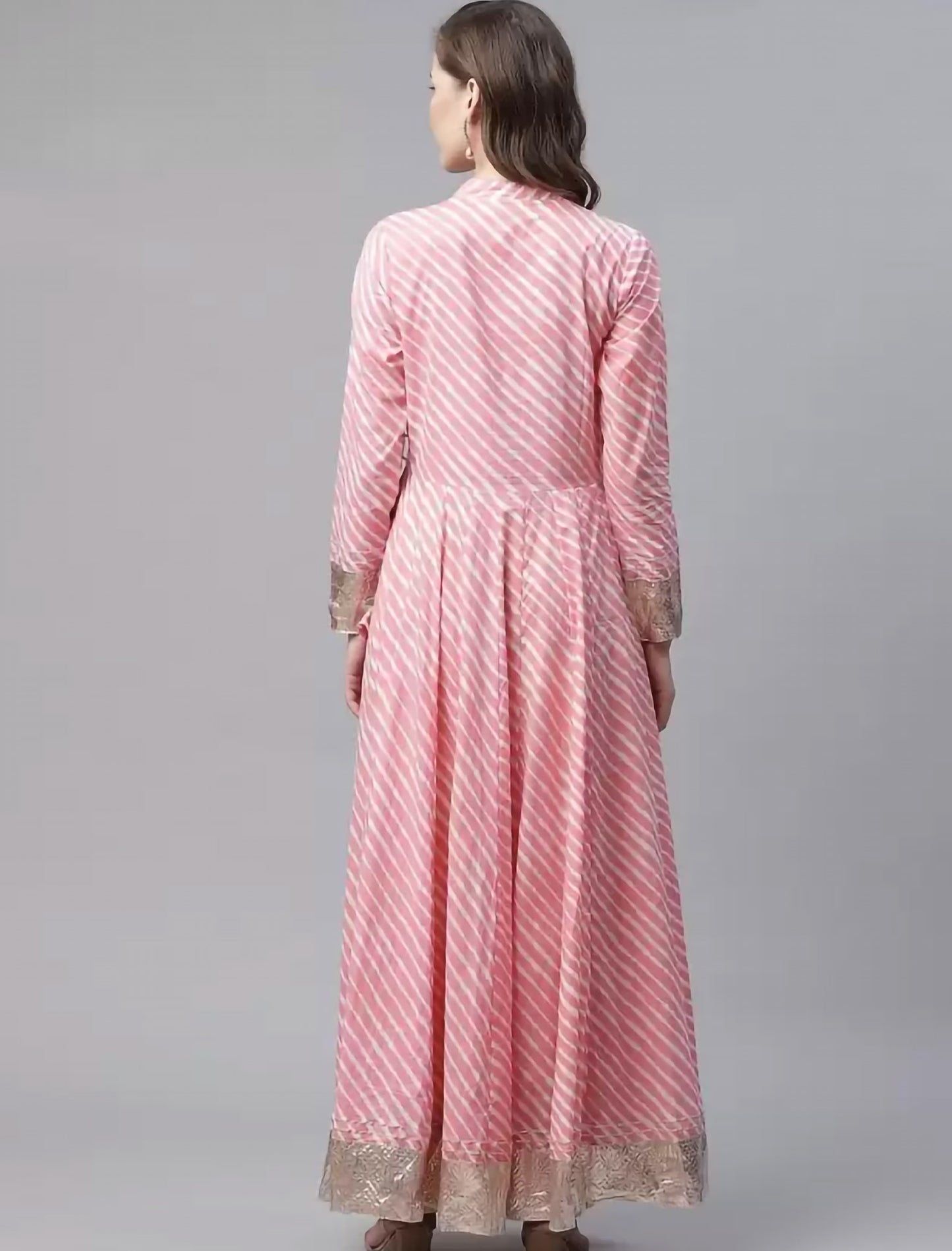 Pink & White Leheriya Print Angrakha Anarkali Divena Kurta For Women