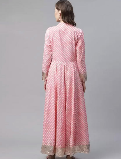 Pink & White Leheriya Print Angrakha Anarkali Ethnic Kurta For Women