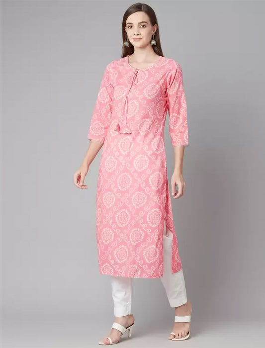Pink Printed Cotton Straight Divena Kurta For Women