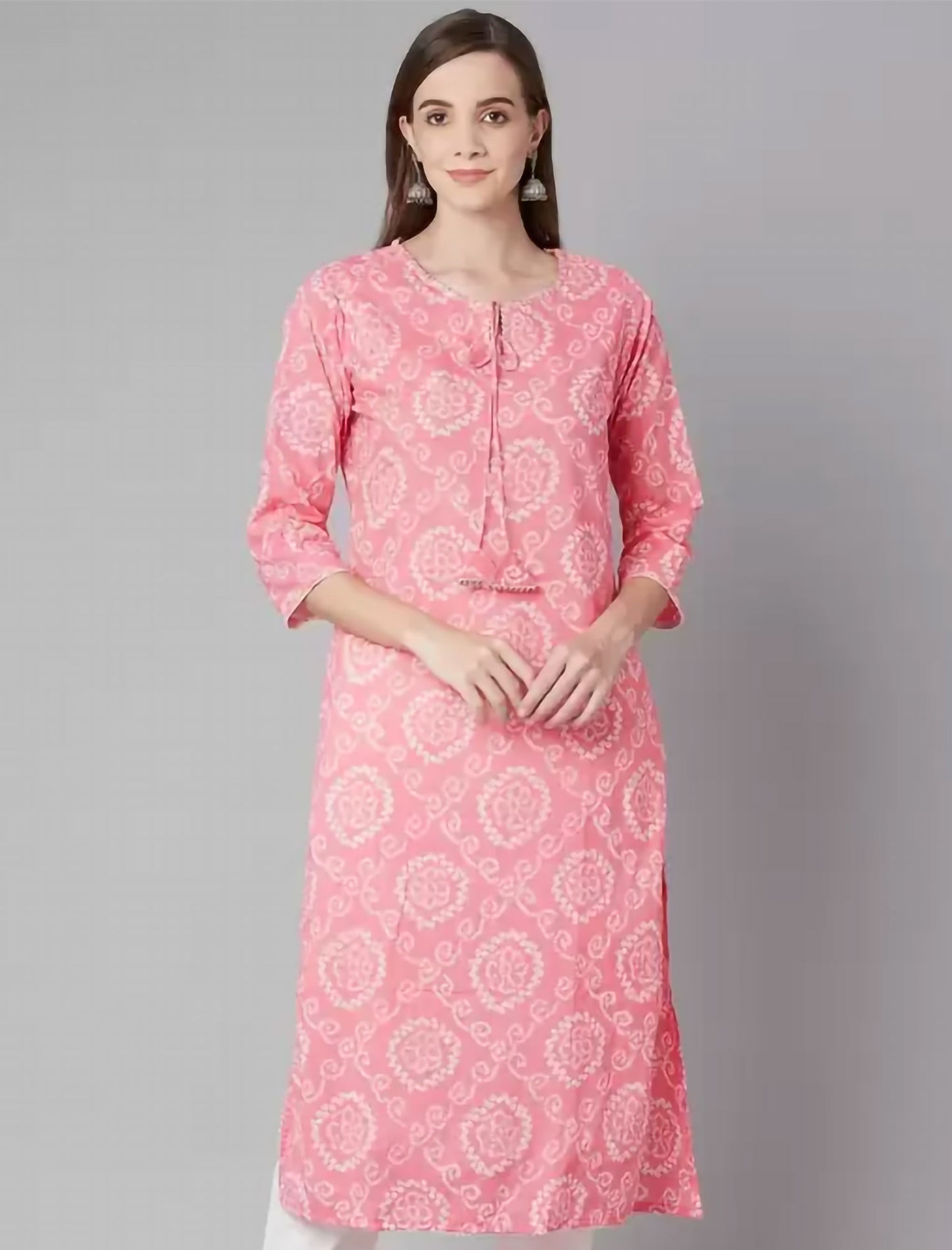 Pink Printed Cotton Straight Divena Kurta For Women