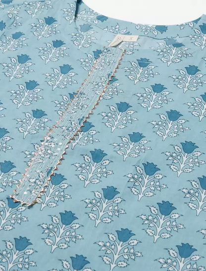 Blue Geometric Gotta Patti Floral Ethnic Kurta For Women