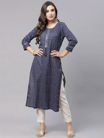 Navy Blue Printed Pure Cotton Ethnic Kurta For Women