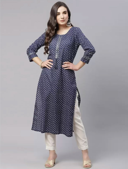 Navy Blue Printed Pure Cotton Divena Kurta For Women