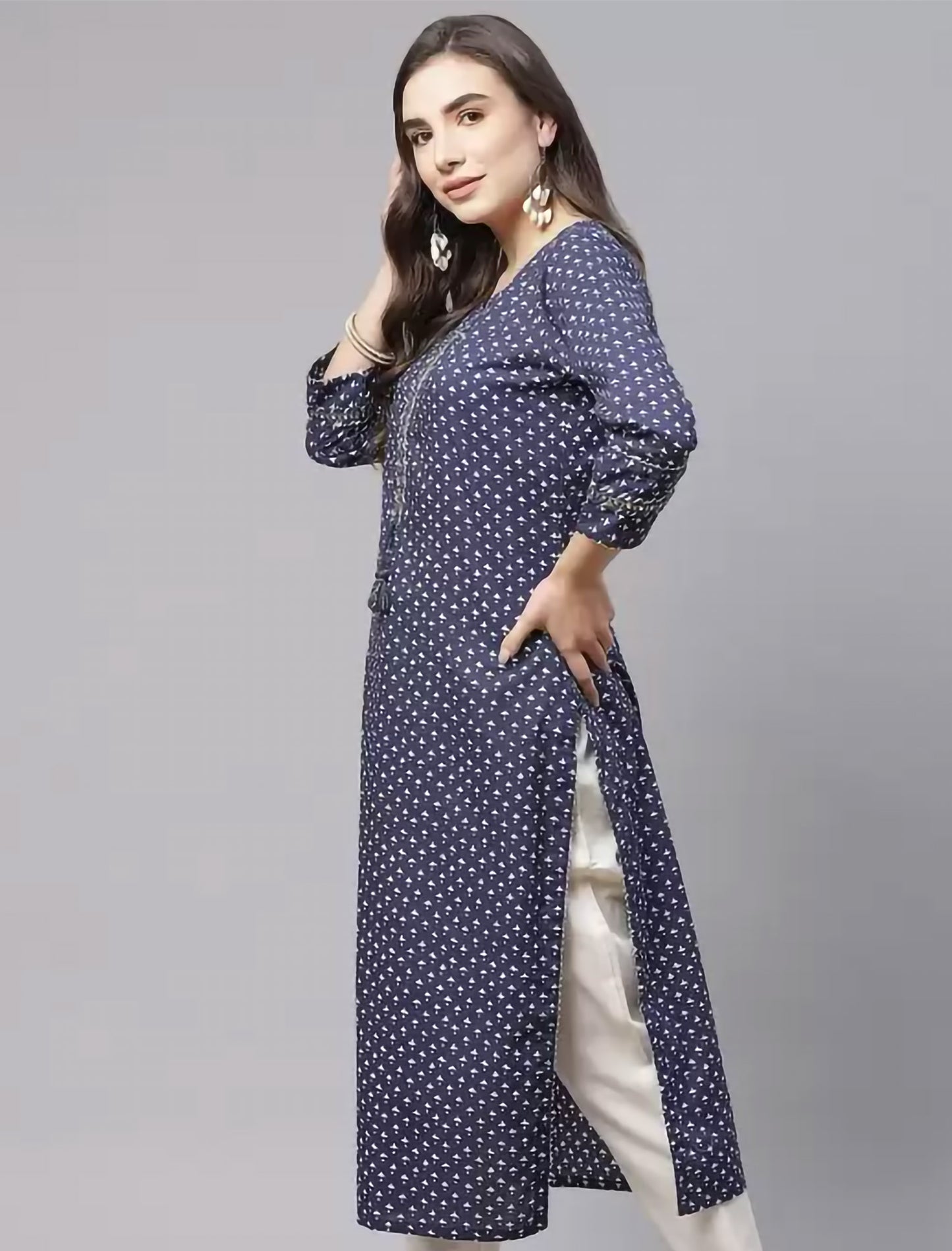 Navy Blue Printed Pure Cotton Divena Kurta For Women