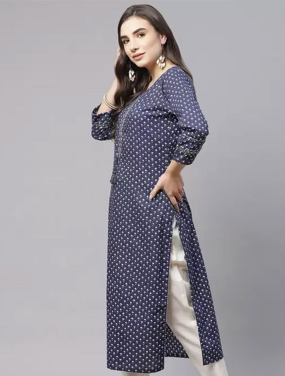 Navy Blue Printed Pure Cotton Ethnic Kurta For Women