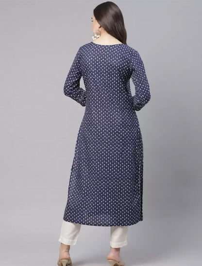 Navy Blue Printed Pure Cotton Ethnic Kurta For Women