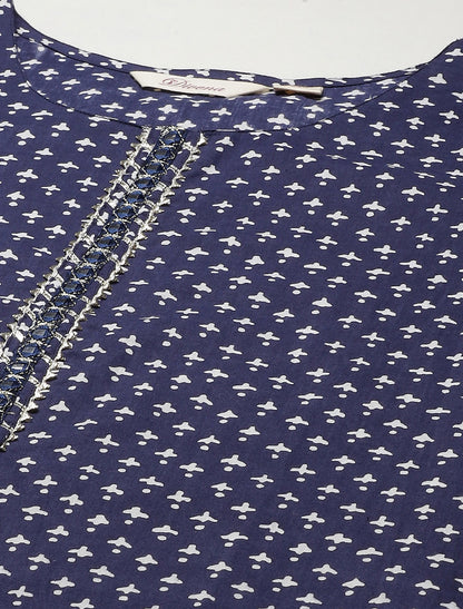 Navy Blue Printed Pure Cotton Ethnic Kurta For Women