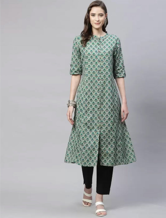 Green Printed Cotton Blend Front Slit Divena Kurta For Women