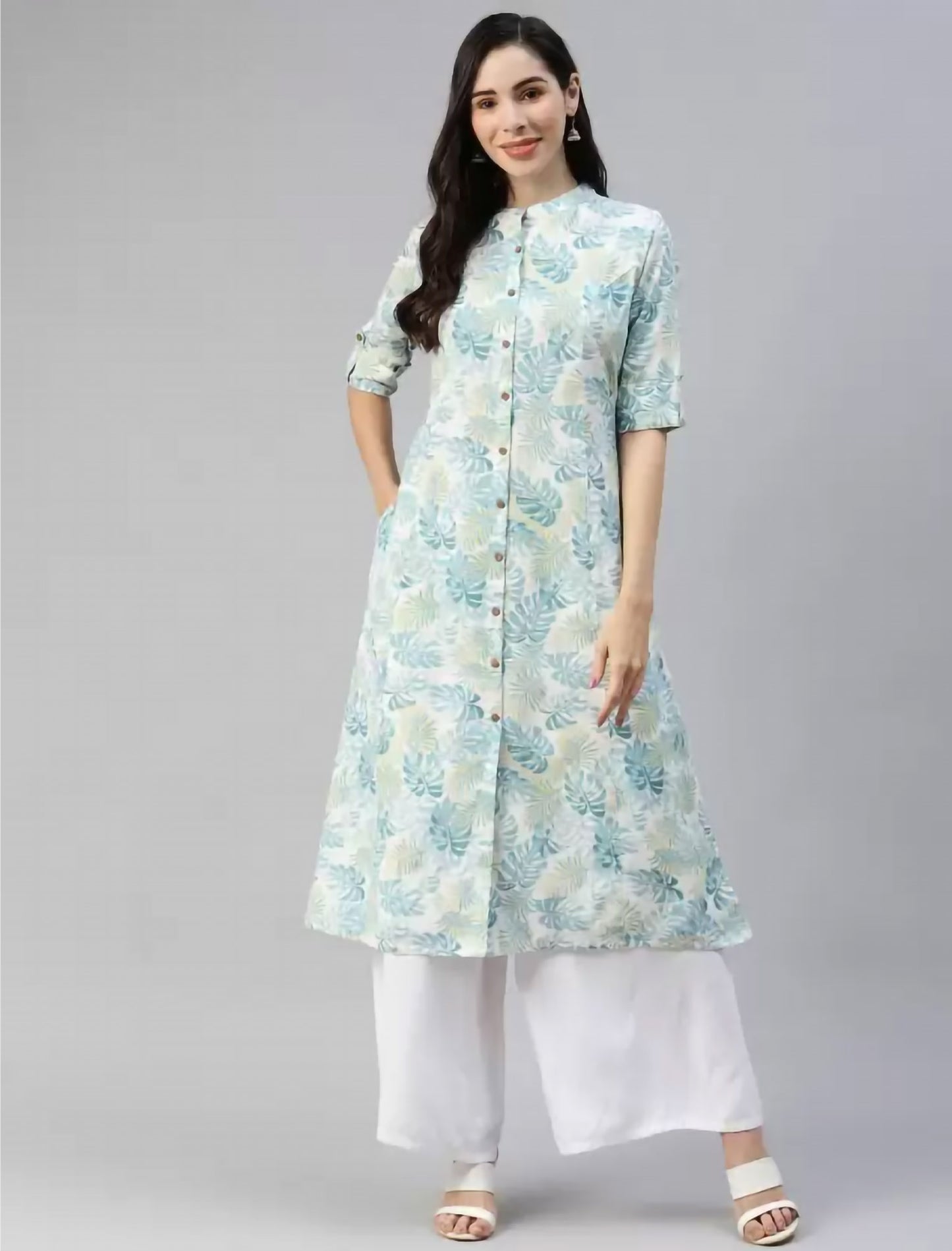 White & Green Floral Printed Divena Kurta For Women