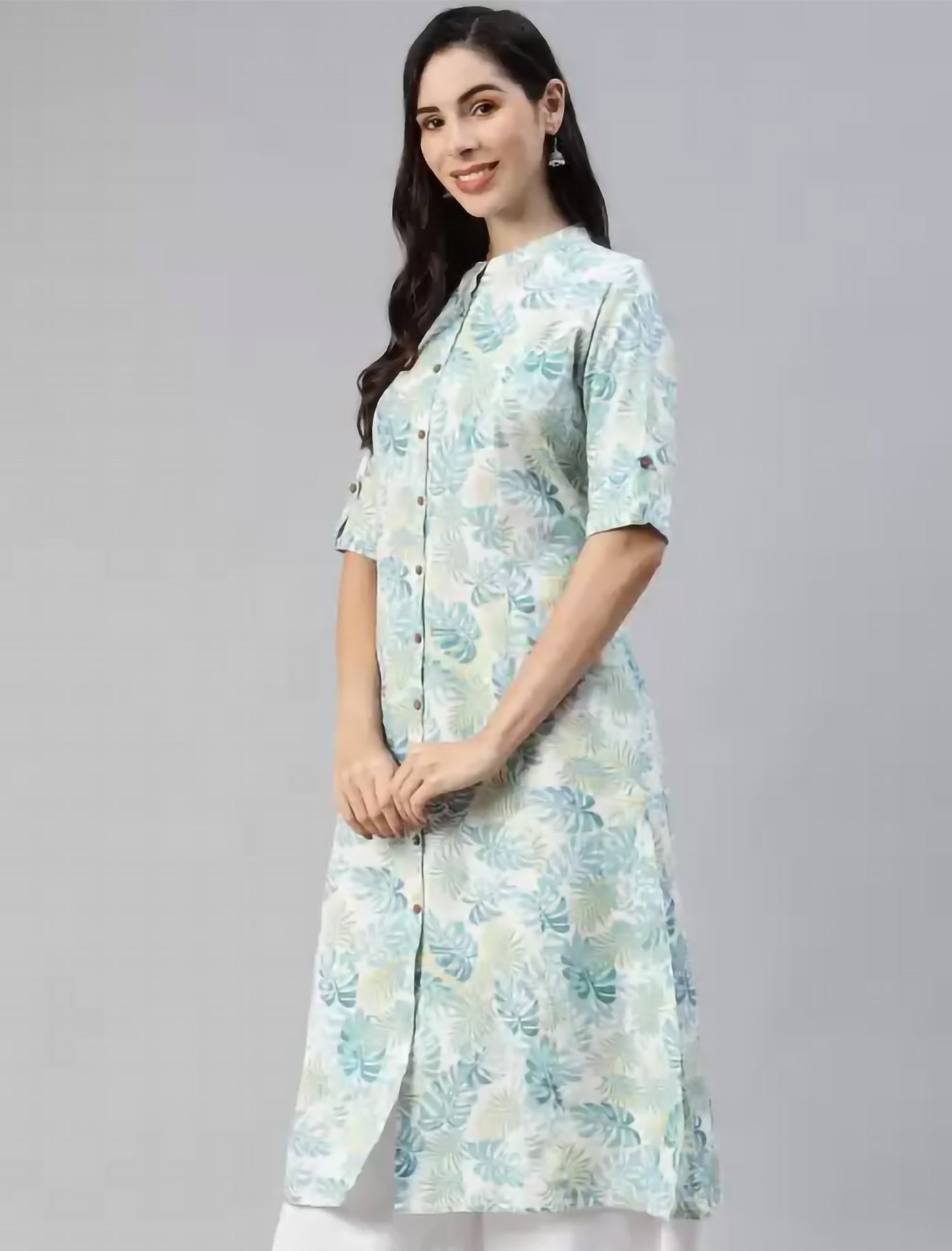 White & Green Floral Printed Divena Kurta For Women