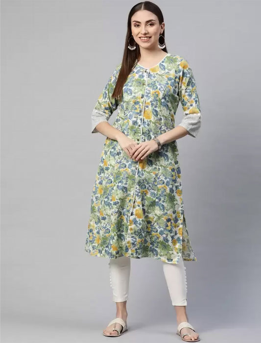 Green & Blue Floral Printed Cotton Divena Kurta For Women