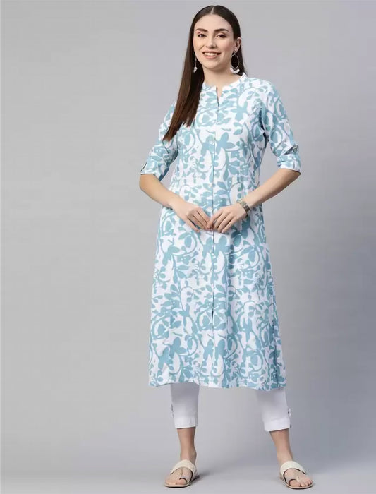 White & Blue Floral Printed Cotton Divena Kurta For Women