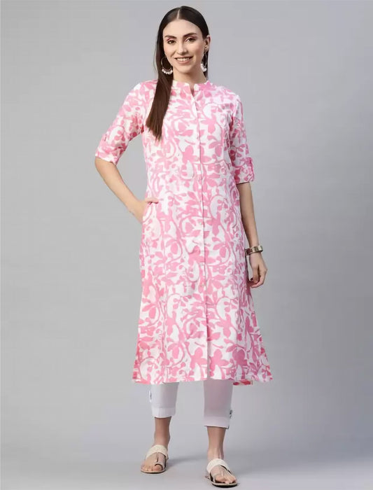 White & Pink Floral Printed Cotton Divena Kurta For Women