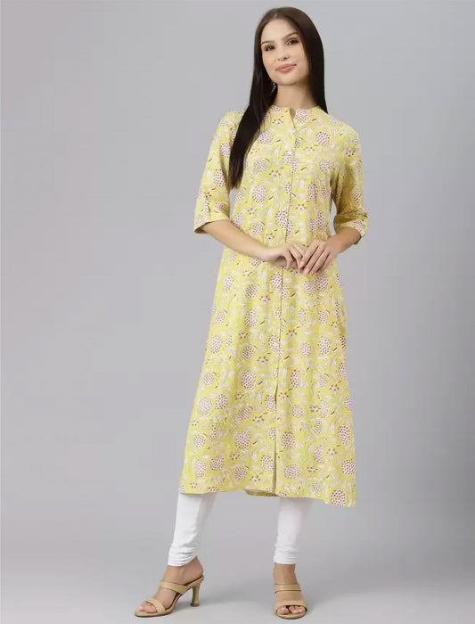 Yellow & Off White Linen Floral Print Divena Kurta For Women