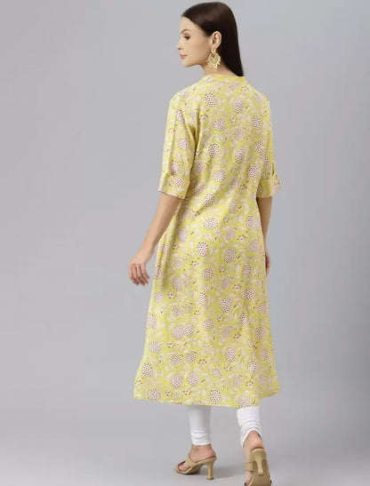 Yellow & Off White Linen Floral Print Divena Kurta For Women