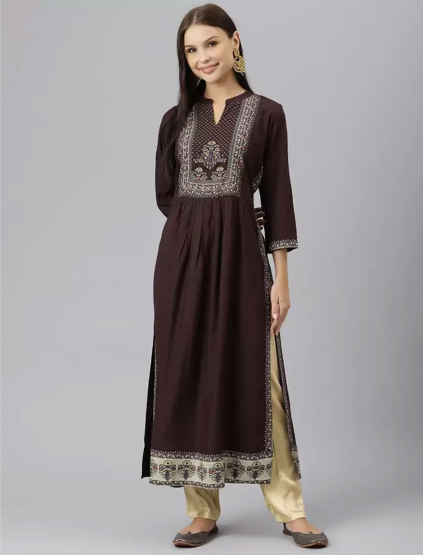 Brown Ethnic Motifs Print Divena Kurta For Women