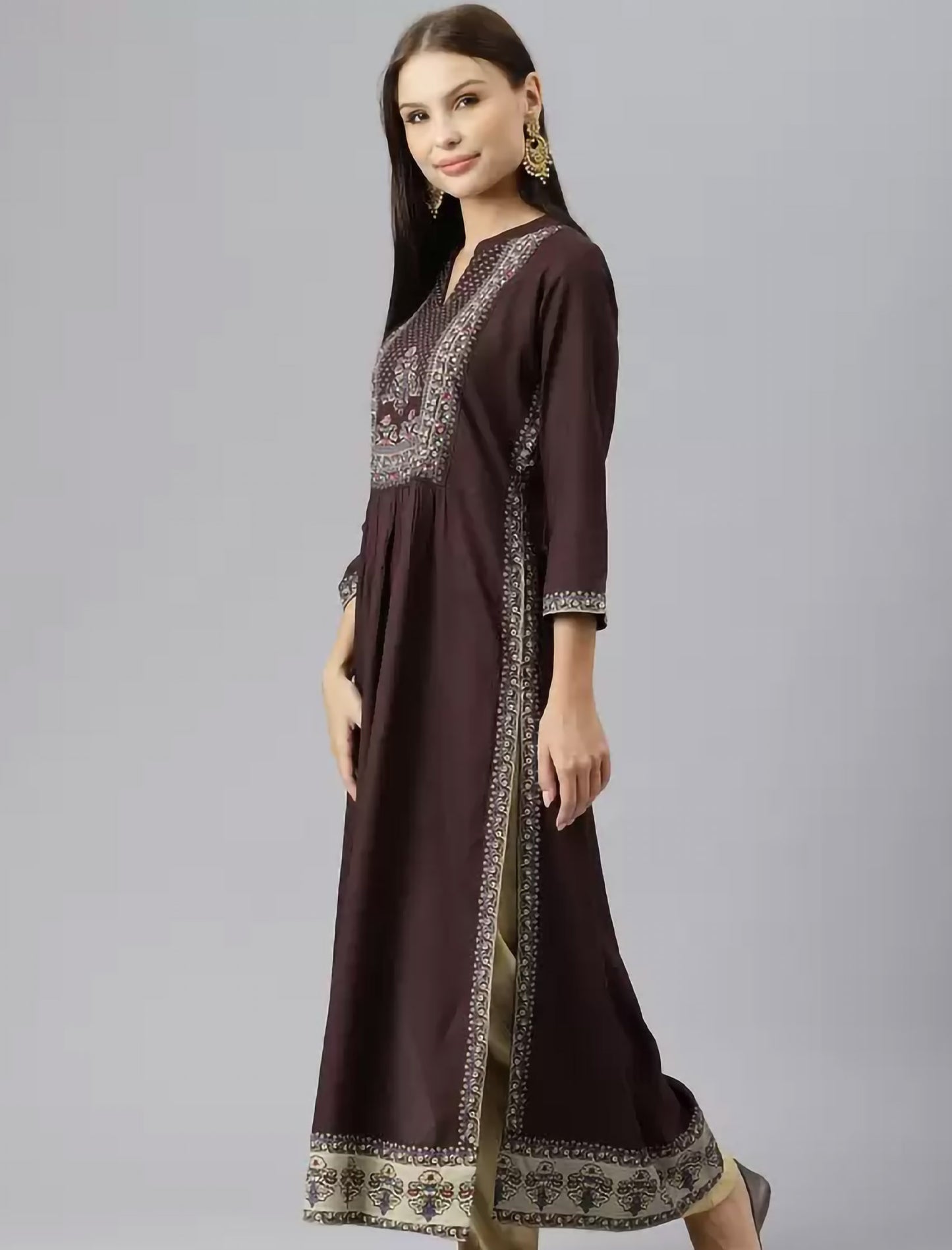 Brown Ethnic Motifs Print Divena Kurta For Women