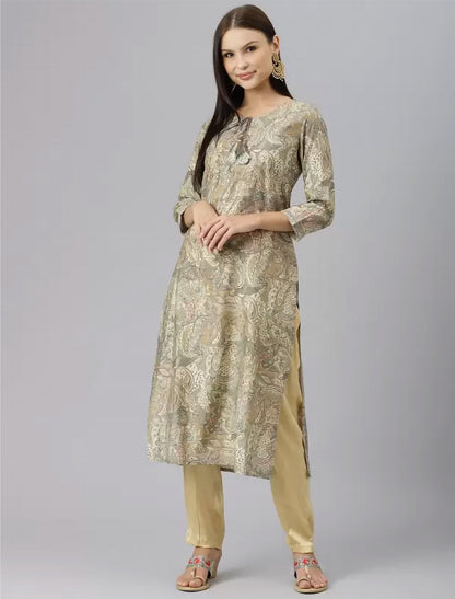 Green & Grey Ethnic Motifs Printed Divena Kurta For Women