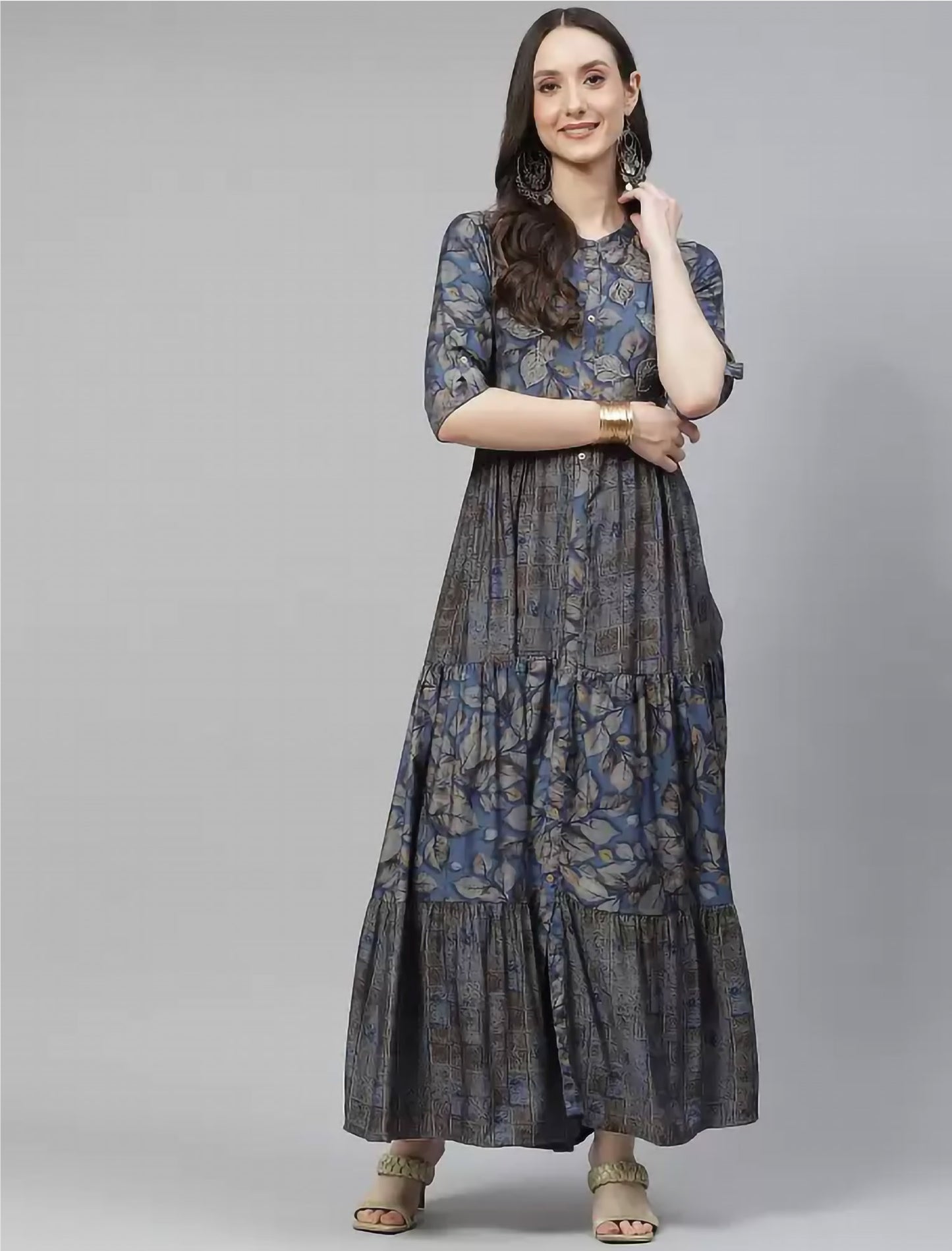 Blue & Taupe Ethnic Motifs Printed Divena Kurta For Women