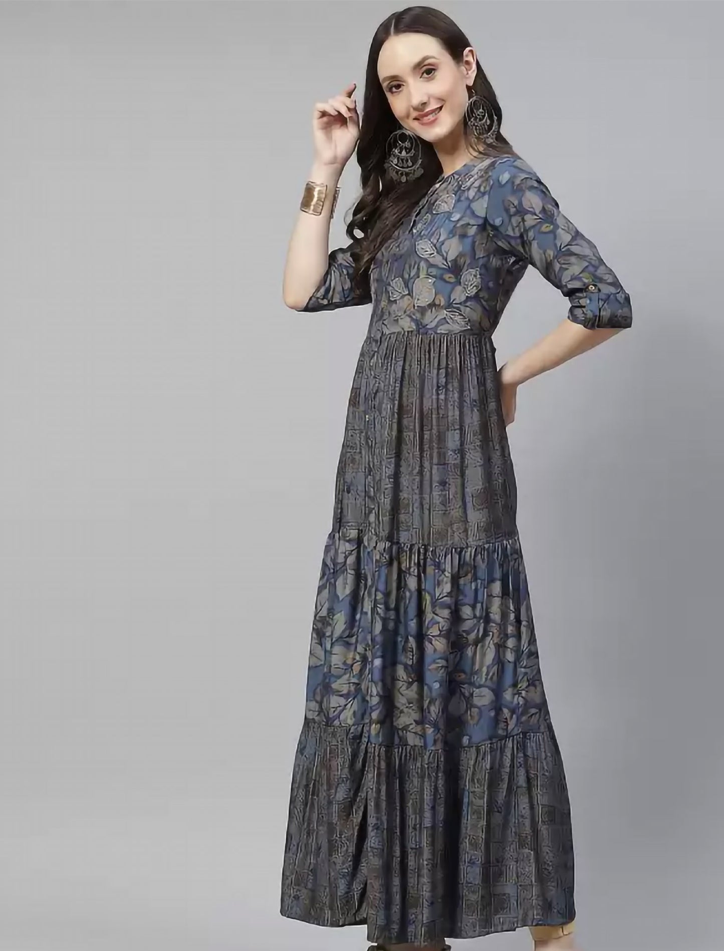 Blue & Taupe Ethnic Motifs Printed Divena Kurta For Women