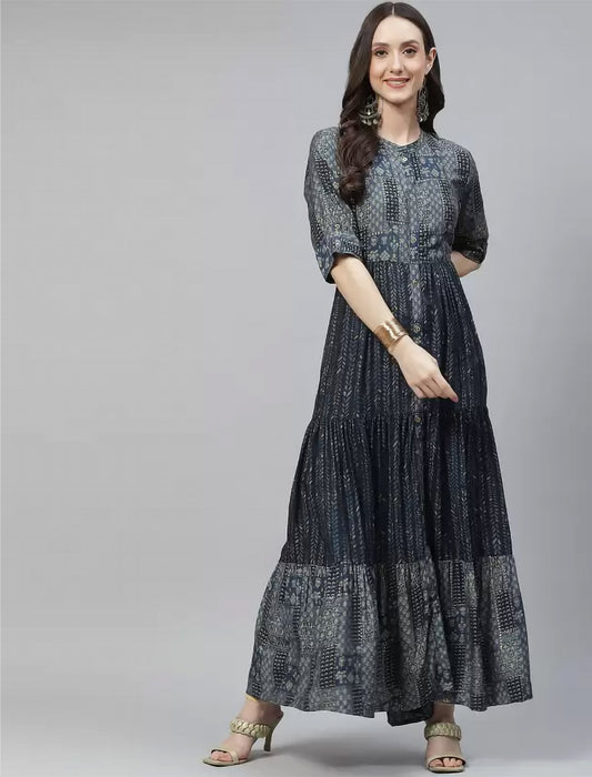 Blue & Taupe Ethnic Motifs Printed Divena Kurta For Women