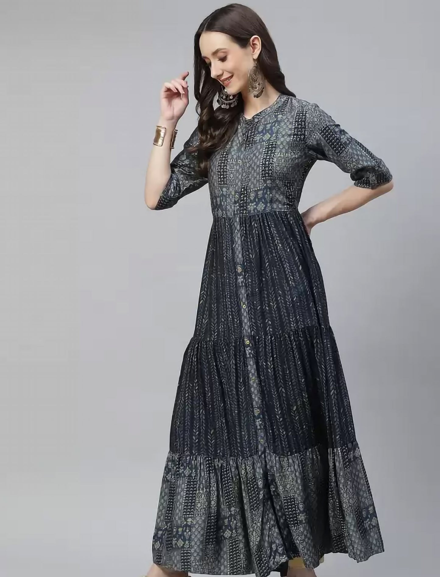 Blue & Taupe Ethnic Motifs Printed Divena Kurta For Women