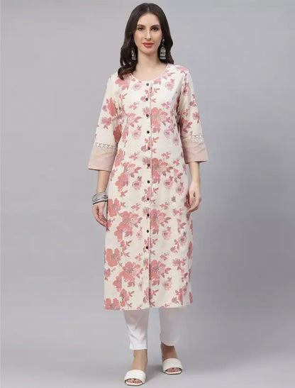 Cream Floral Printed A-line Ethnic Kurta For Women