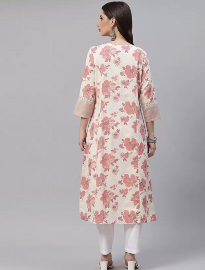 Cream Floral Printed A-line Ethnic Kurta For Women