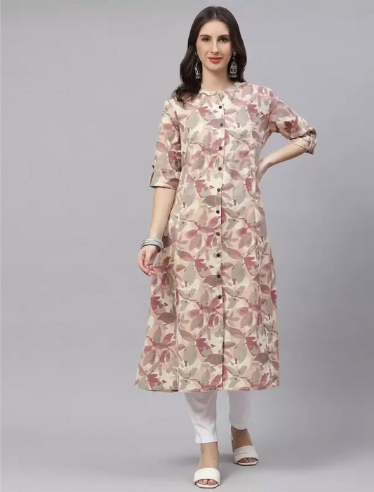 Beige & Purple Cotton Floral Printed Divena Kurta For Women