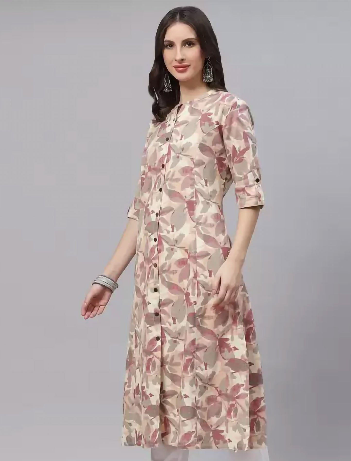 Beige & Purple Cotton Floral Printed Divena Kurta For Women