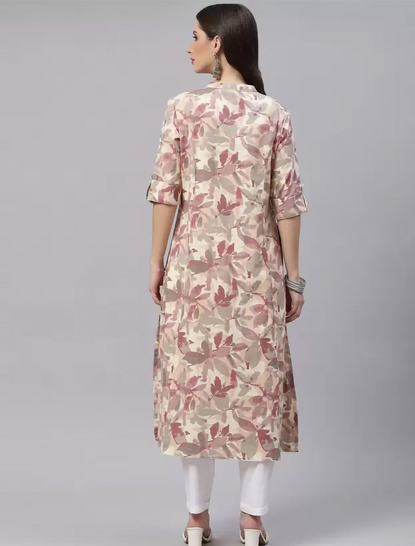 Beige & Purple Cotton Floral Printed Divena Kurta For Women