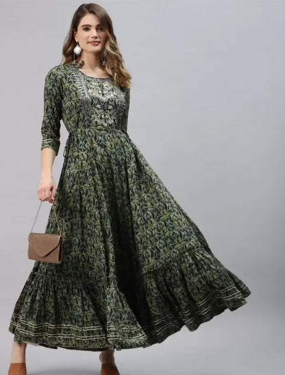 Green Ethnic Motifs Printed Anarkali Divena Kurta