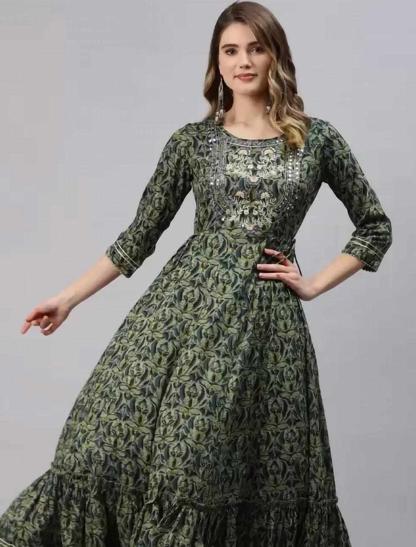 Green Ethnic Motifs Printed Anarkali Divena Kurta For Women