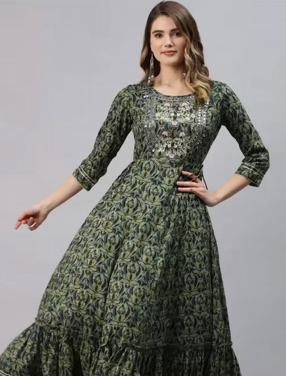 Green Ethnic Motifs Printed Anarkali Divena Kurta