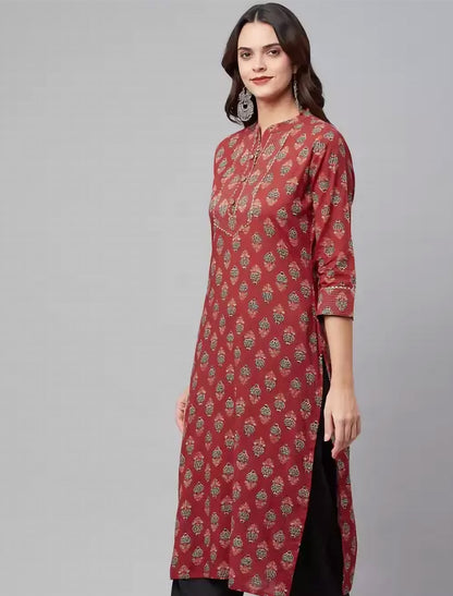 Red Ethnic Cotton Kurta For Women