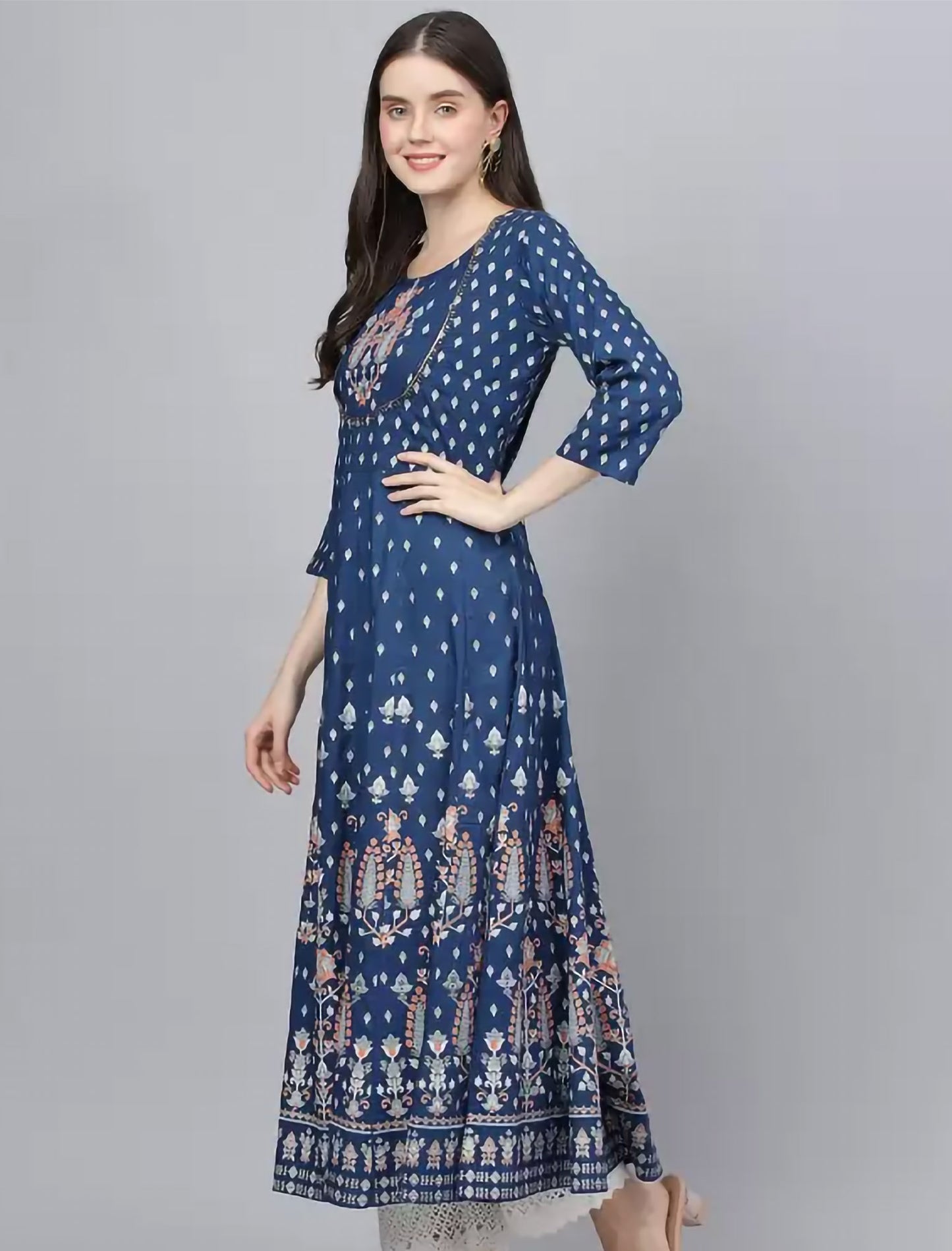 Blue Ethnic Motifs Printed Anarkali Divena Kurta For Women