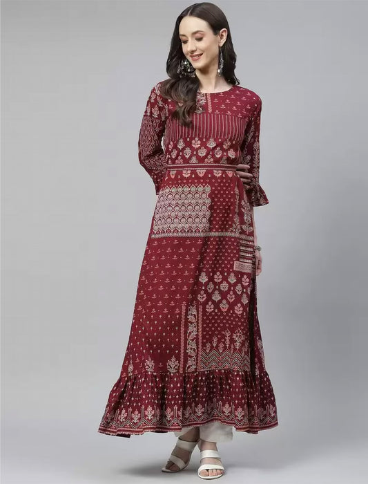 Maroon & White Ethnic Motifs Printed Divena Kurta For Women