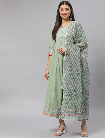 Green Yoke Design Cotton Kurta Trousers Dupatta Kurtas Sets For Women