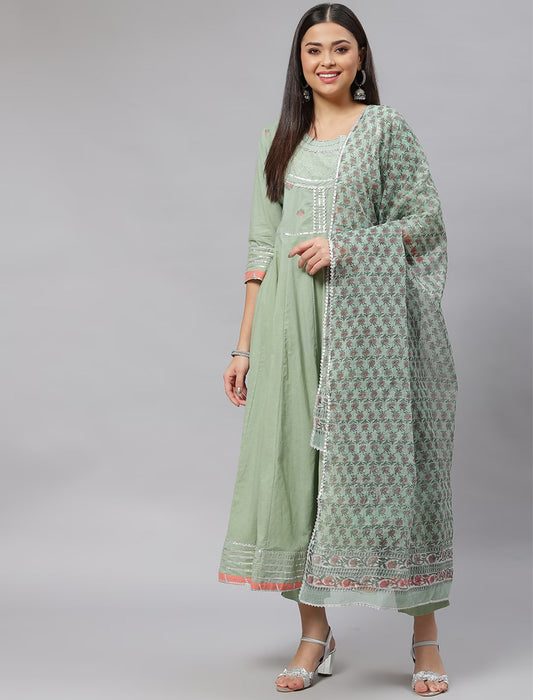 Women Green Yoke Design Pure Cotton Kurta with Trousers & Dupatta Kurtas Sets For Women