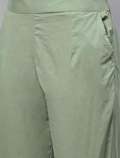 Green Yoke Design Cotton Kurta Trousers Dupatta Kurtas Sets For Women