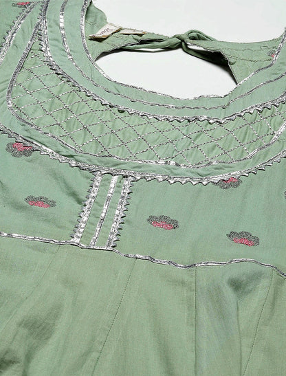 Green Yoke Design Cotton Kurta Trousers Dupatta Kurtas Sets For Women