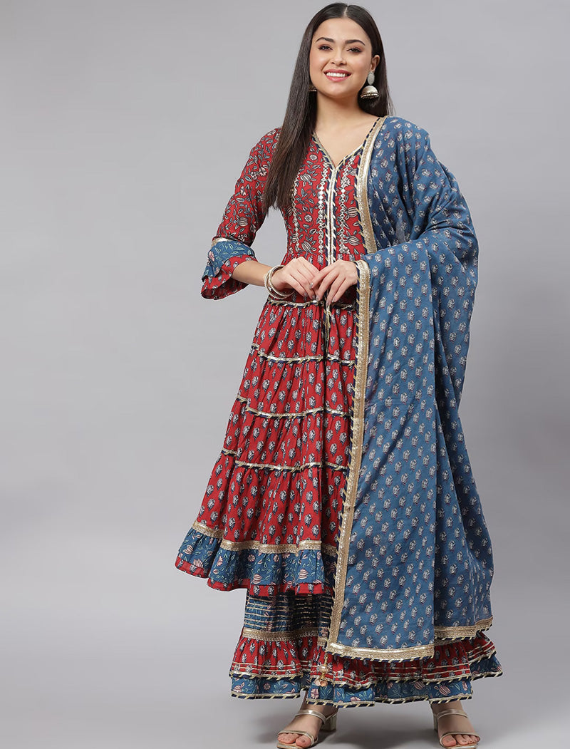 Maroon Floral Printed Anarkali Kurta with Sharara & Dupatta Kurta Sets For Women